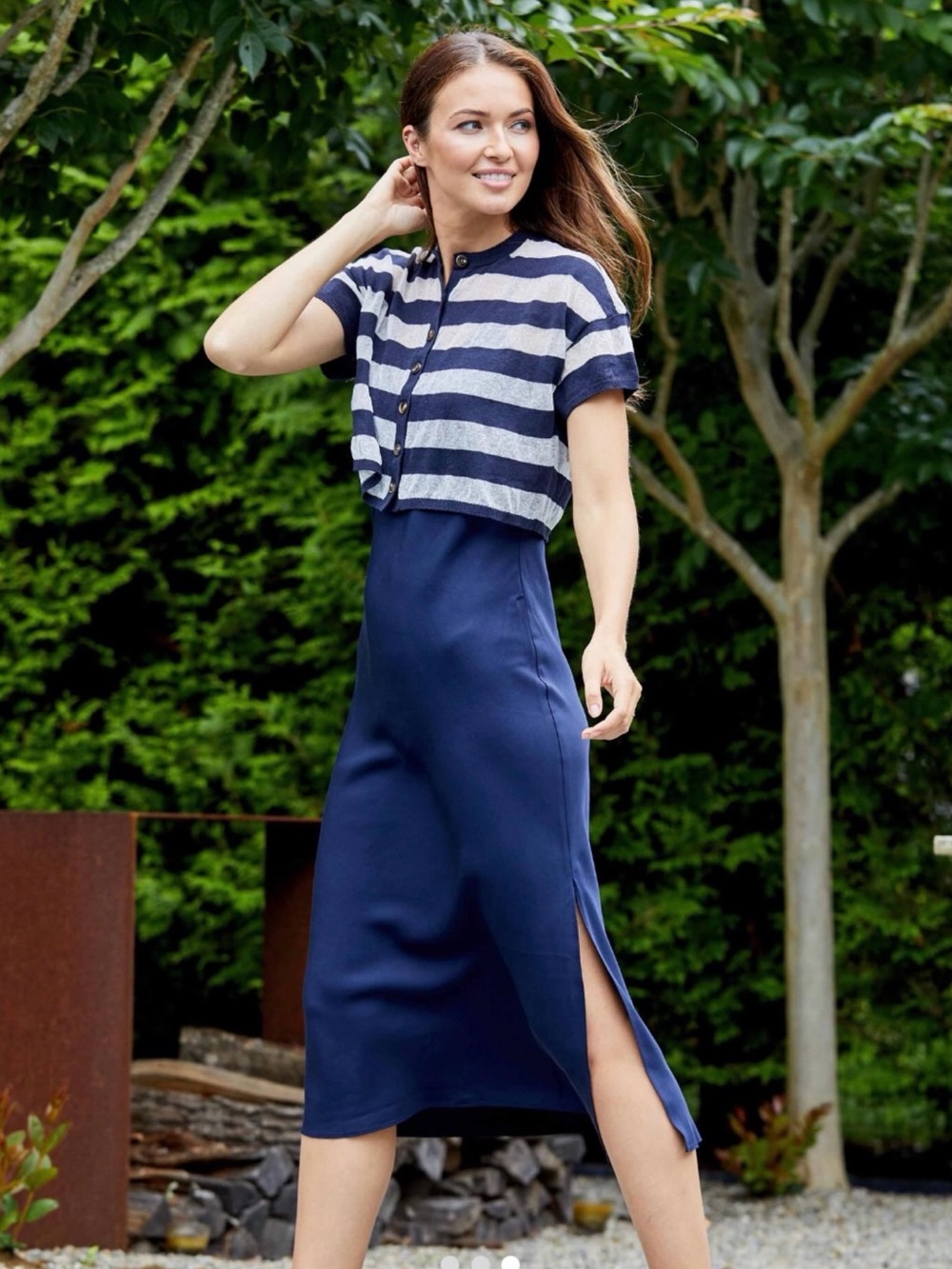 dh NEW YORK The Avi Sweater  Dress Combo with Side Slit in Navy & White